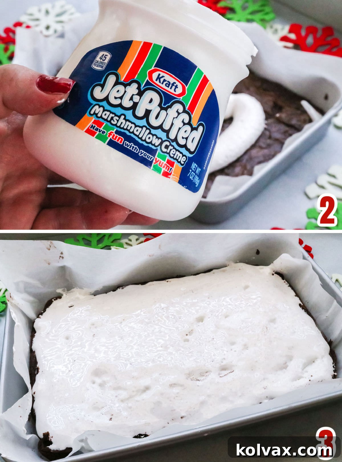 A step-by-step collage illustrating the process of spreading a smooth, white marshmallow creme layer over a cooled pan of brownies, forming the second sweet component of the layered dessert.