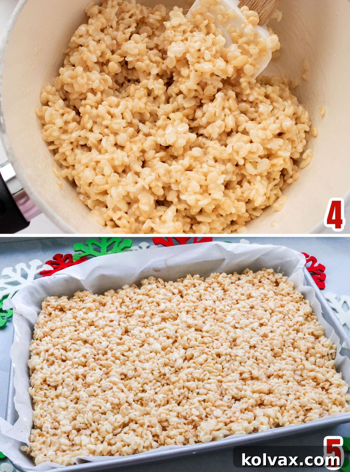 A detailed collage showcasing the steps involved in preparing the crispy Rice Krispie Treat layer: melting butter and marshmallows, mixing in cereal, and finally pressing the warm mixture onto the marshmallow-covered brownie base.