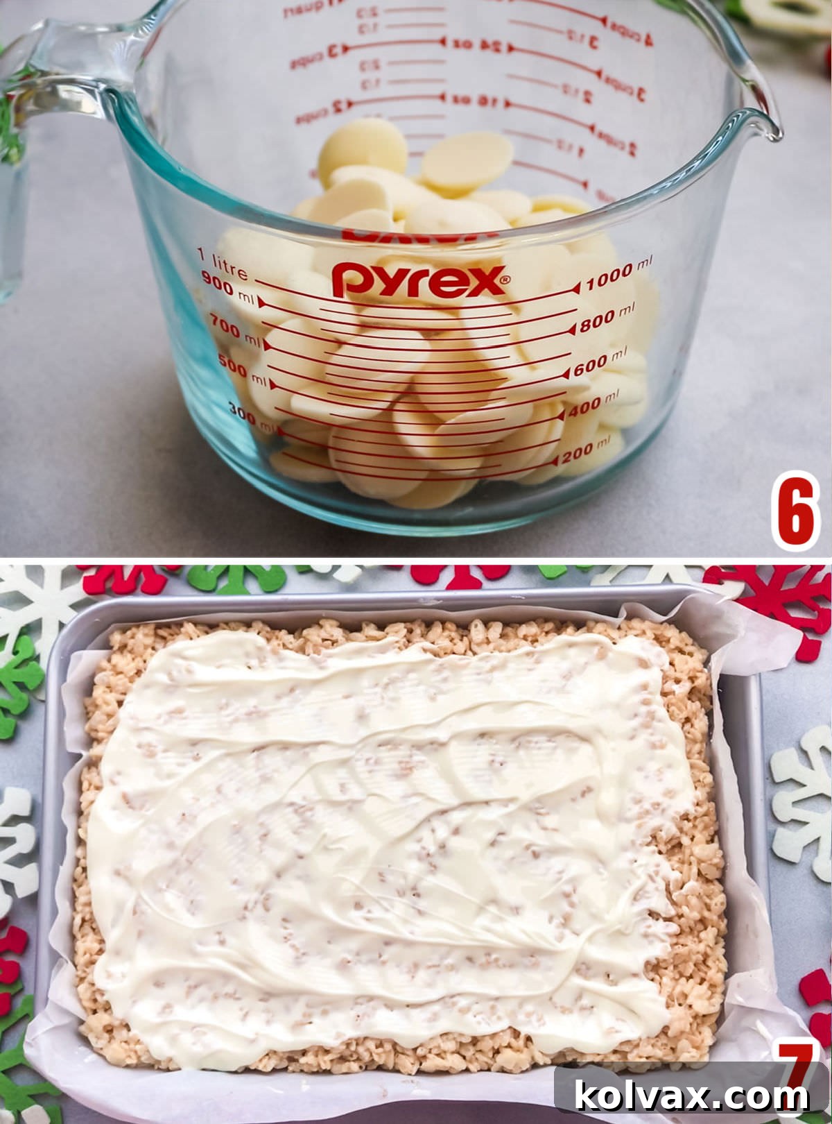 A collage demonstrating how to smoothly melt Ghirardelli White Chocolate Melting Wafers in the microwave and then spread the glistening, warm chocolate evenly over the top of the set Rice Krispie treat layer, creating a luxurious white surface.
