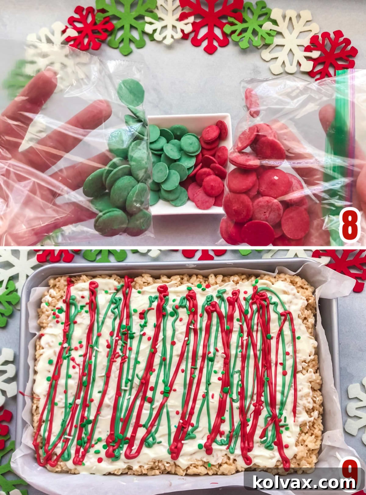 A vibrant collage illustrating the festive decoration process for the Brownie Rice Krispie Treats, showing melted red and green candy melts being drizzled in decorative patterns and then finished with a generous scattering of colorful Christmas sprinkles.