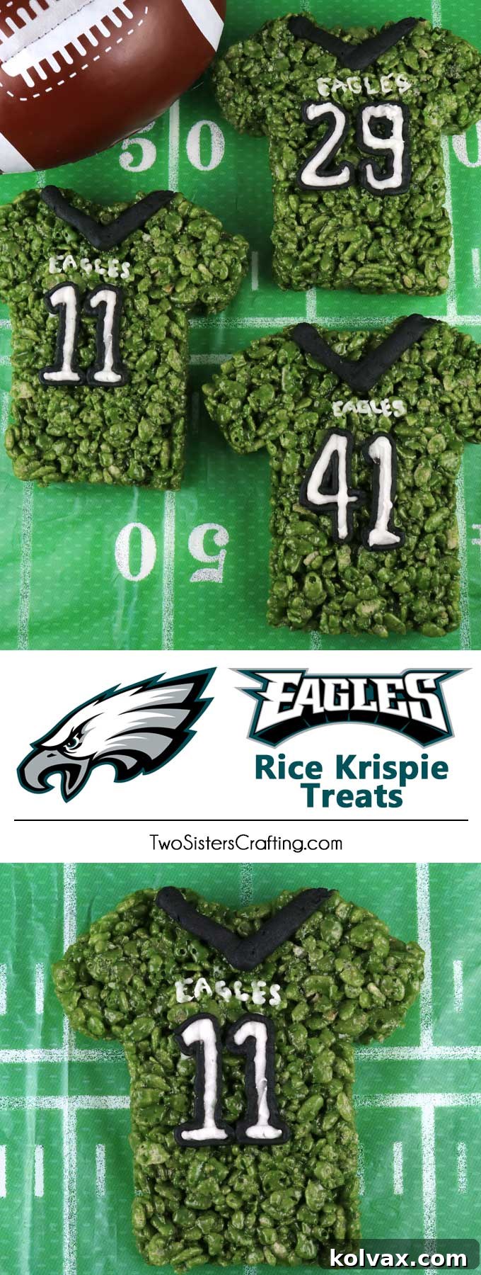 Overhead view of multiple Philadelphia Eagles Rice Krispie Treat jerseys.