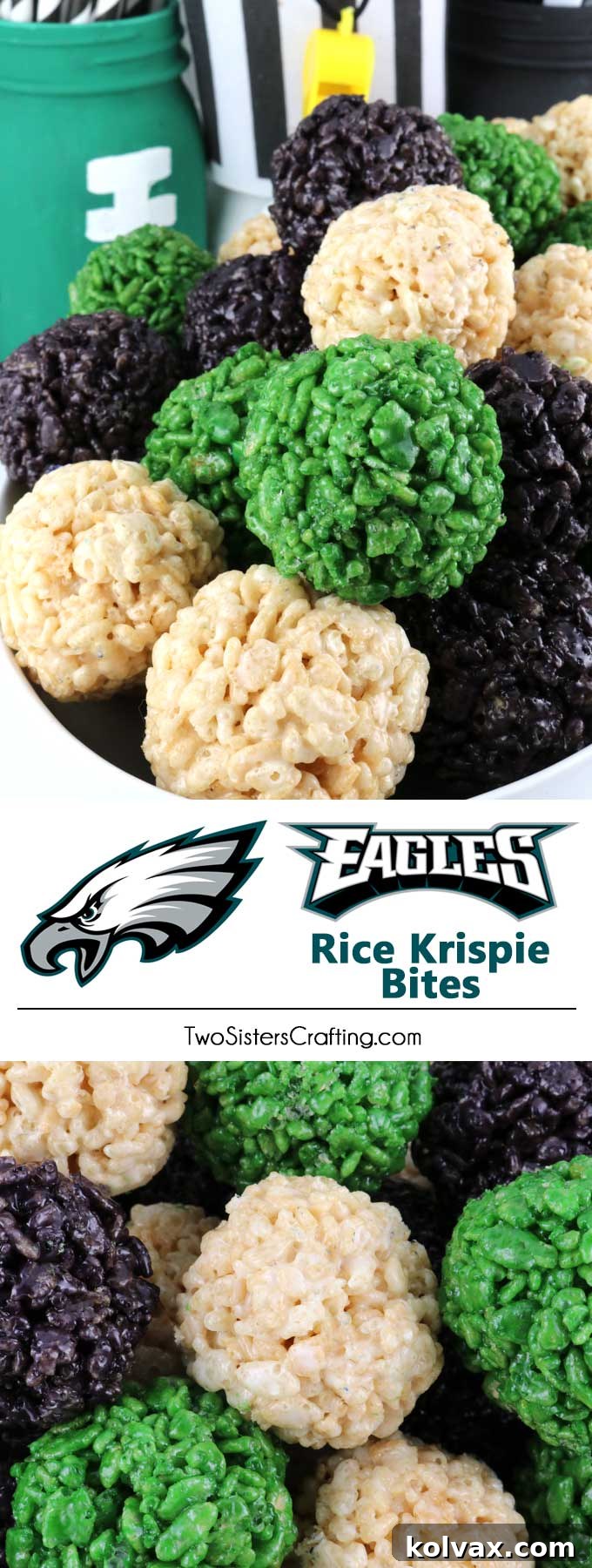 Philadelphia Eagles themed Rice Krispie Bites on a platter