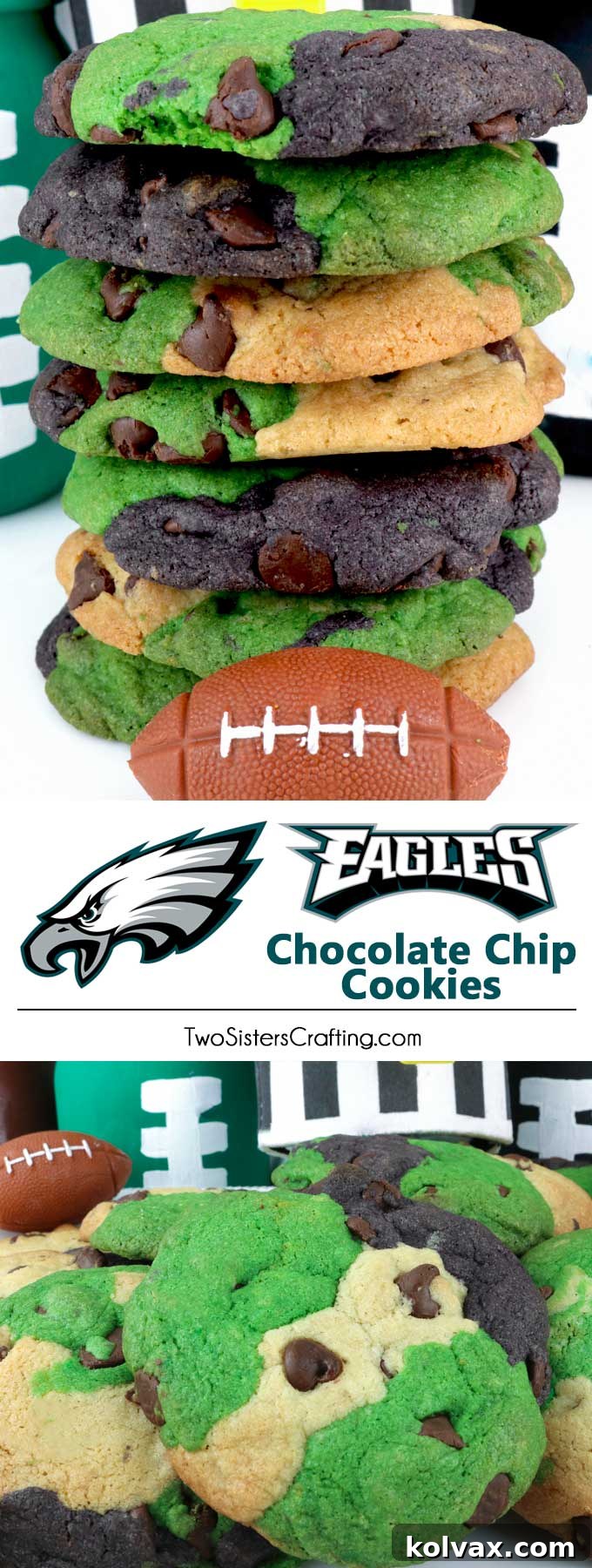 Vertical close-up of a Philadelphia Eagles Chocolate Chip Cookie showcasing its marbled team colors.