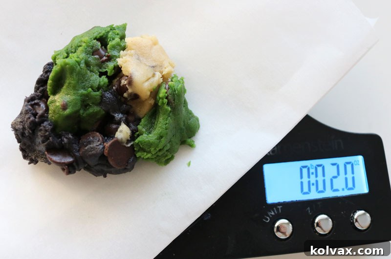 Unbaked marbled cookie dough ball on a food scale, showing the blend of Eagles team colors.
