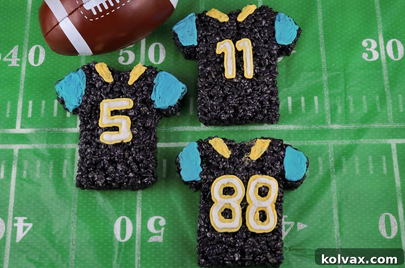 Score Big with These Jacksonville Jaguars Rice Krispie Treats Team Jerseys – A Fun Football Dessert for Game Day, NFL Playoff Party, or Super Bowl Celebration.