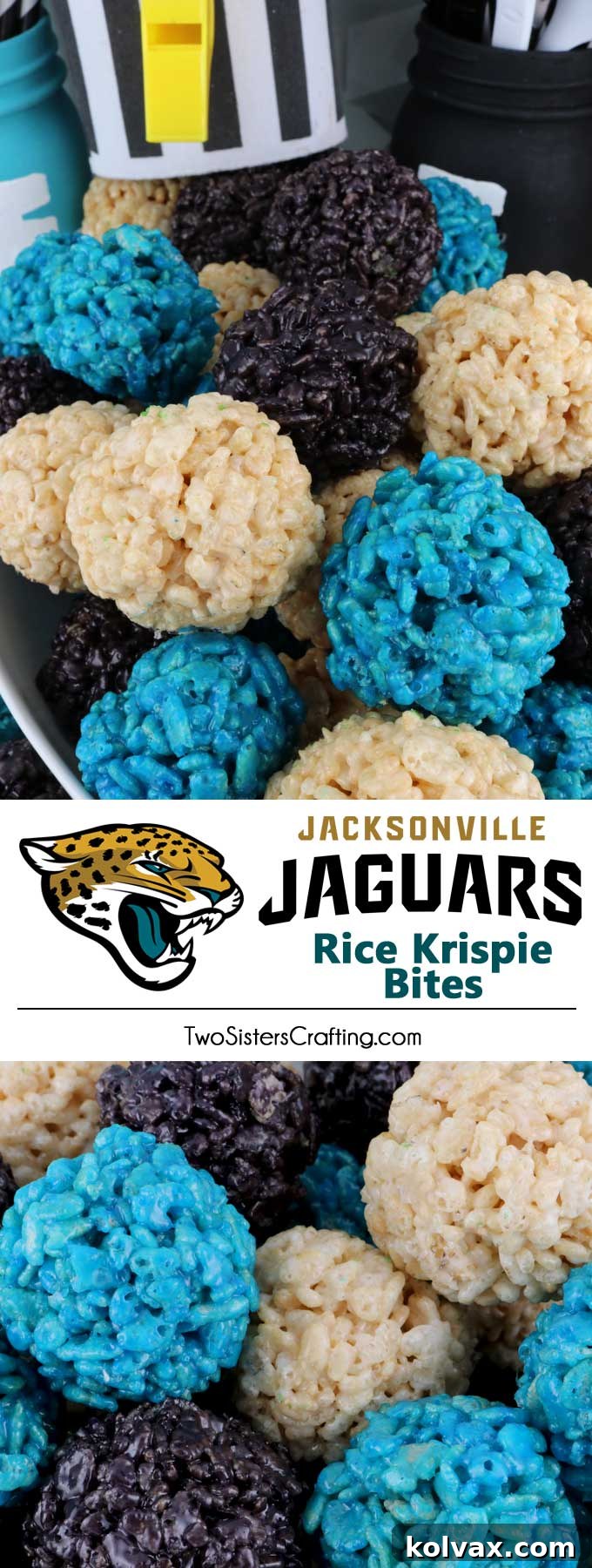 Jacksonville Jaguars Rice Krispie Bites - Yummy, bite-sized balls of crunchy, marshmallow-y delight. These colorful and festive Jacksonville Jaguars Treats are great for a game day football party, an NFL playoff party, a Super Bowl party or as a special snack for the Jacksonville Jaguars fans in your life. Go Jaguars! Follow us for more fun Super Bowl Food Ideas. #jaguars #jacksonvillejaguars #superbowlparty #superbowlfood #jacksonvillejaguarsfood