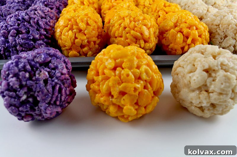 Colorful Minnesota Vikings Rice Krispie Bites ready for a football party
