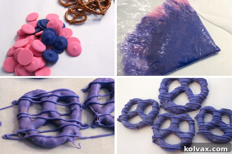 Step-by-step making purple candy melt pretzels