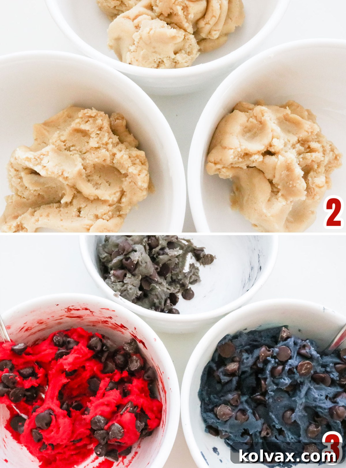 Collage image showing the steps for tinting the chocolate chip cookie dough red, blue and grey, separated into three bowls.