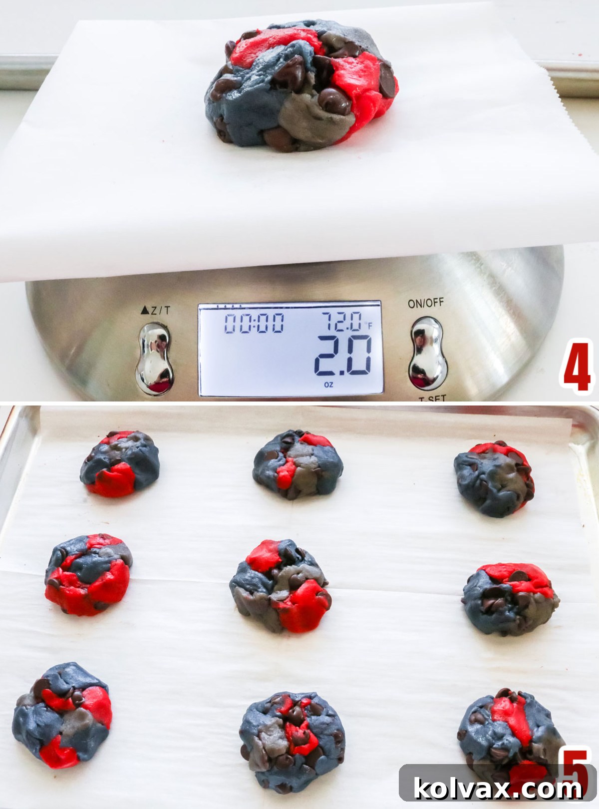 Collage image showing the steps for creating a marble chocolate chip cookie, combining the three colored doughs.