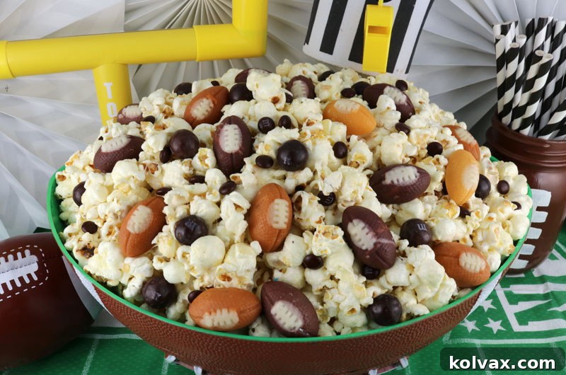 Sweet and Salty Game Day Popcorn with Football Candy Corn and M&M's
