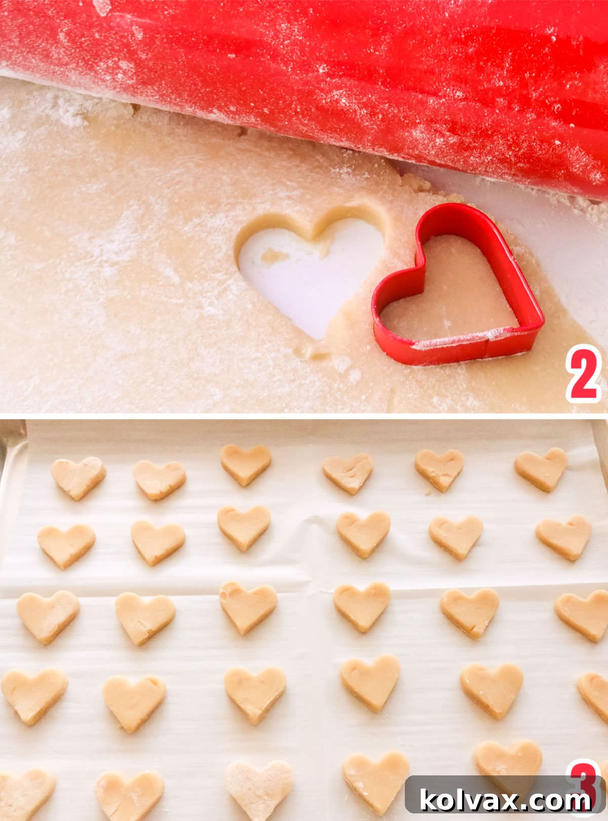 A collage demonstrating the process of making sugar cookies, showing how to roll out the dough to an even thickness and then use a mini heart-shaped cookie cutter to create perfect small hearts.