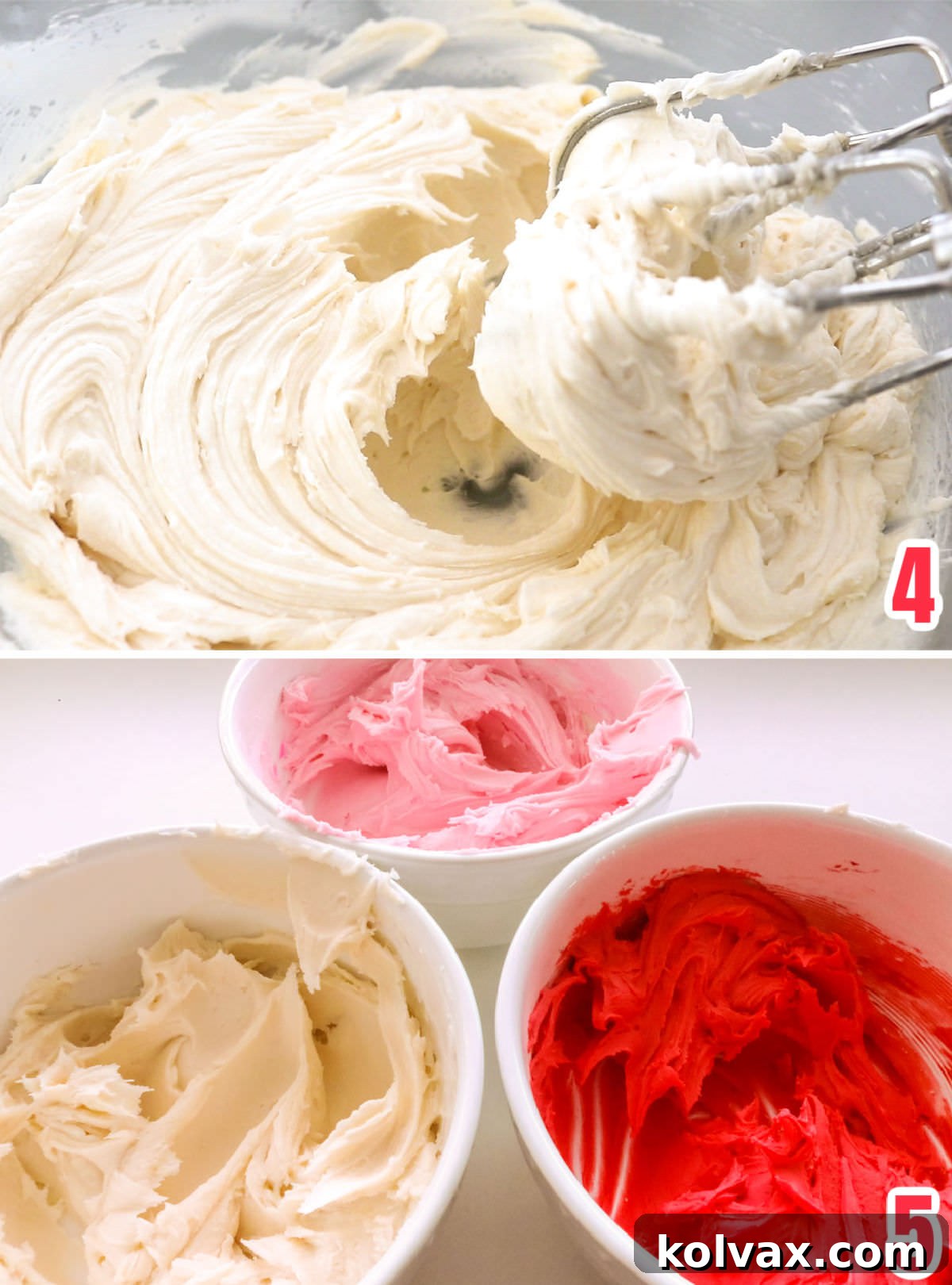 A detailed collage showcasing the preparation of homemade buttercream frosting, illustrating how to tint it into vibrant white, soft pink, and rich red colors, perfect for Valentine's Day.