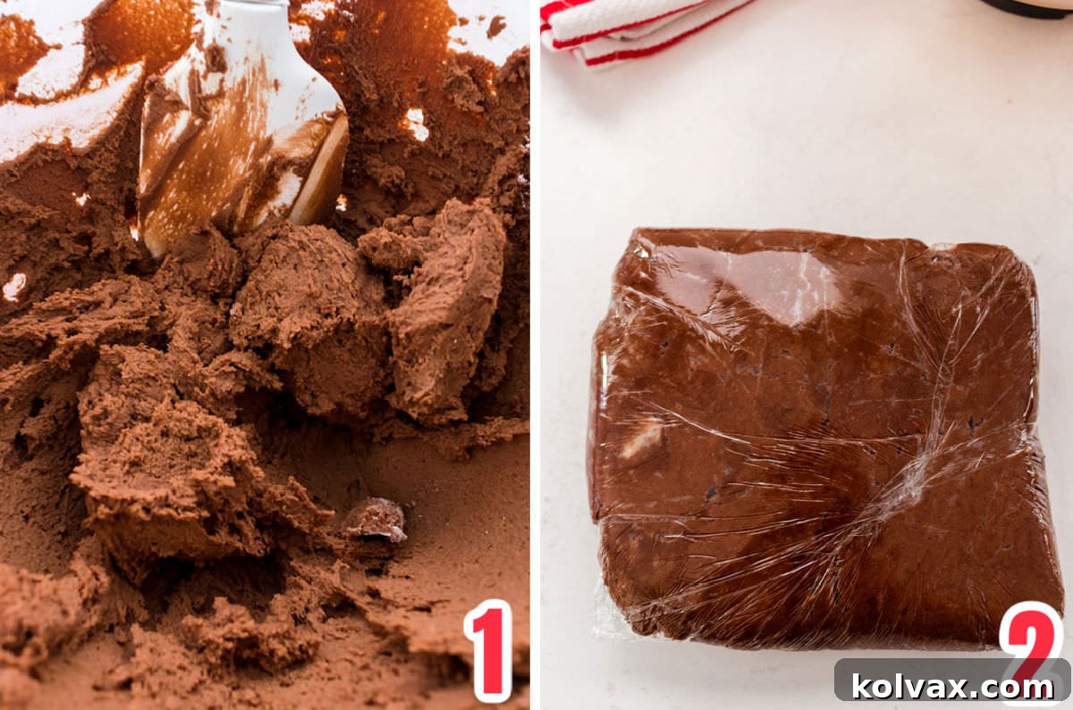 A visual collage illustrating the steps to make the chocolate cookie dough: creaming butter and sugar, adding egg yolk and vanilla, mixing dry ingredients, and combining them into a cohesive dough.