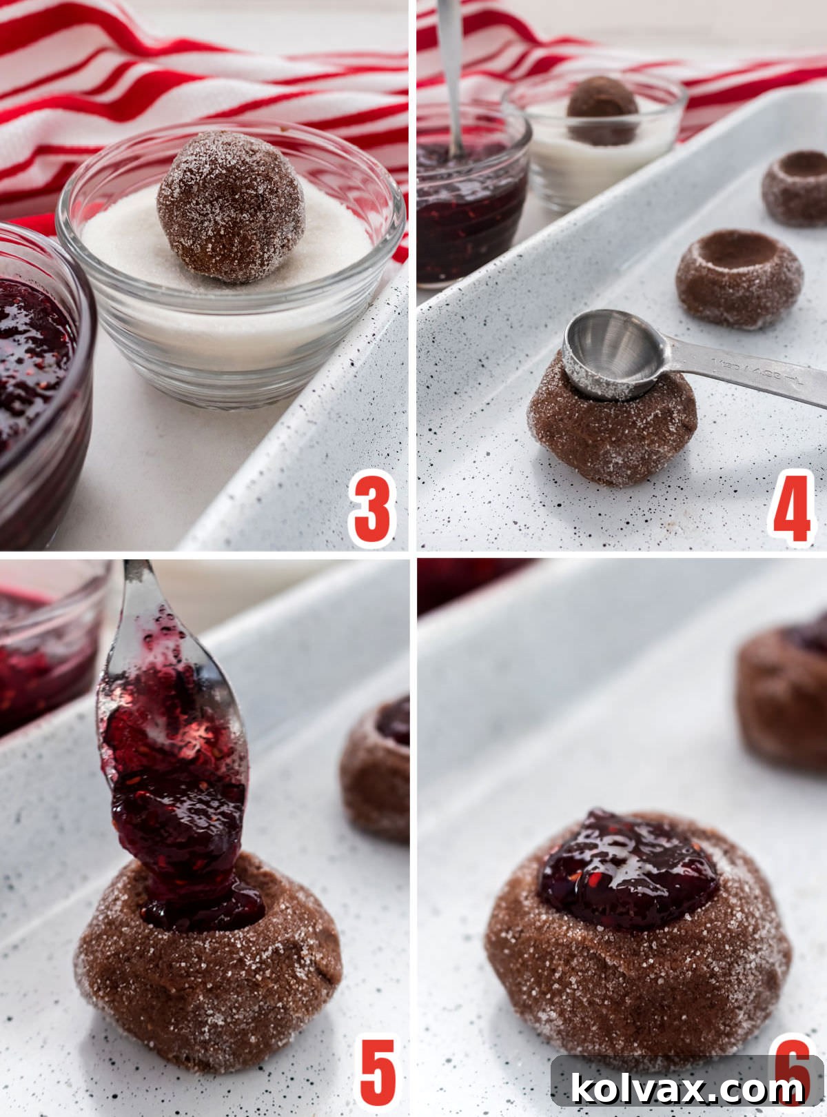 A collage of images demonstrating how to prepare Chocolate Thumbprint Cookies for baking, including rolling dough balls, creating thumbprints, and filling them with vibrant jam.