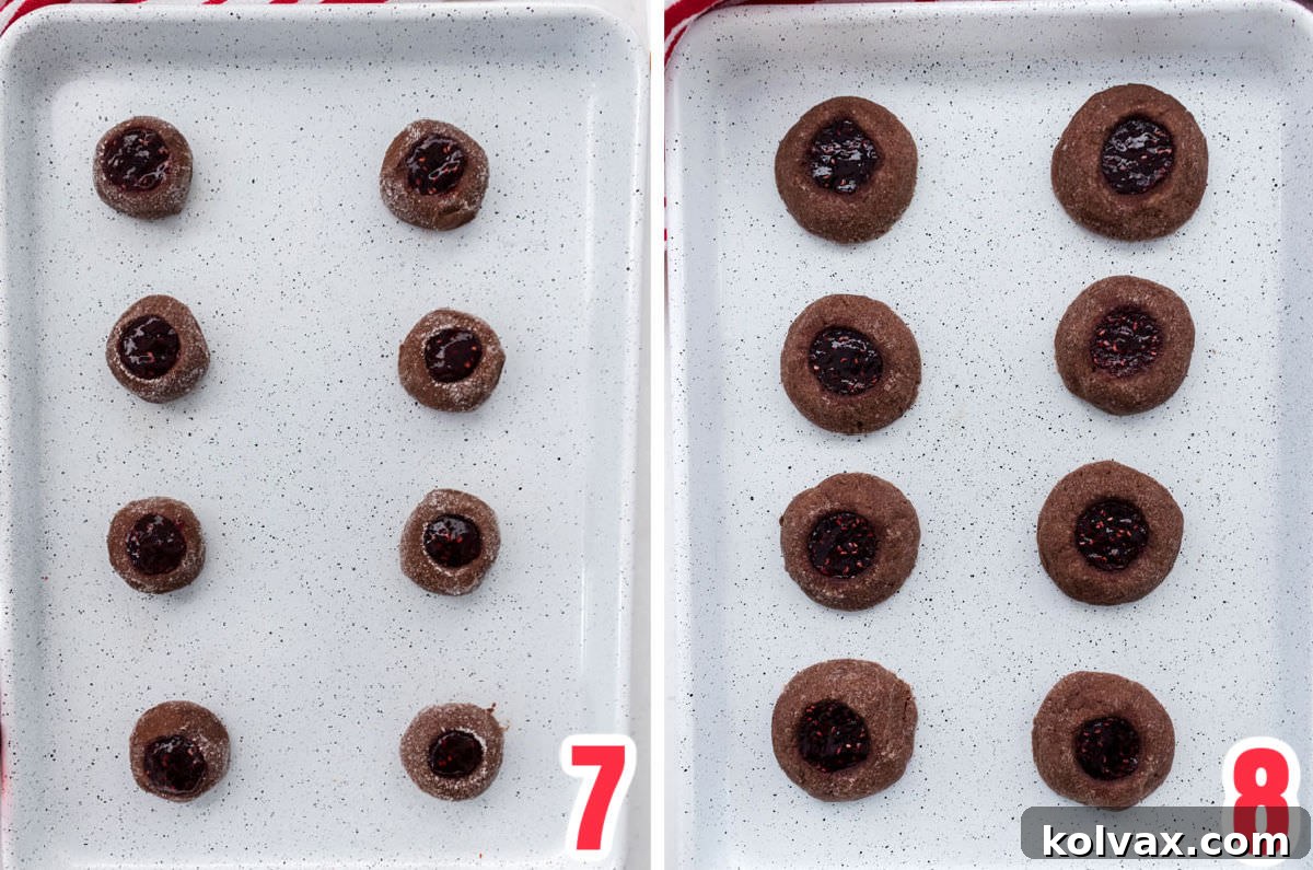 A two-part image showing Chocolate Thumbprint Cookies on a baking sheet: first, before baking, with jam-filled indents, and second, after baking, golden-edged and perfectly set.