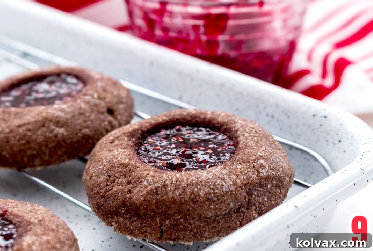 A beautifully arranged scene of baked Chocolate Thumbprint Cookies cooling on a white cookie sheet, with a glass bowl of vibrant Red Raspberry Jam and a spoon in the background.