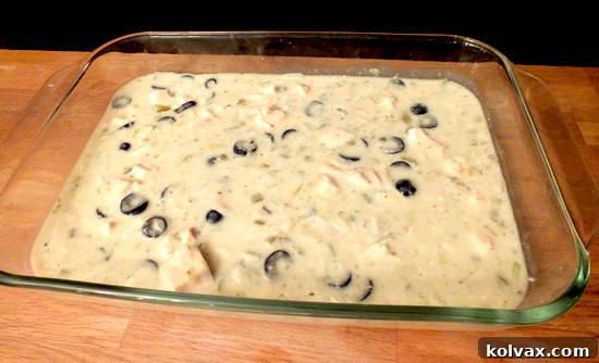 First Layer of Chicken Tortilla Casserole with Chicken Mixture