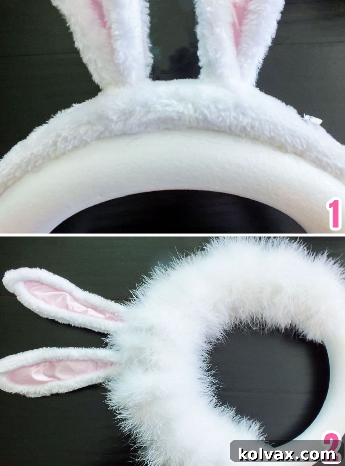 A four-panel collage illustrating the step-by-step process of crafting a DIY Easter Bunny Wreath, showing how to attach ears and wrap boas.