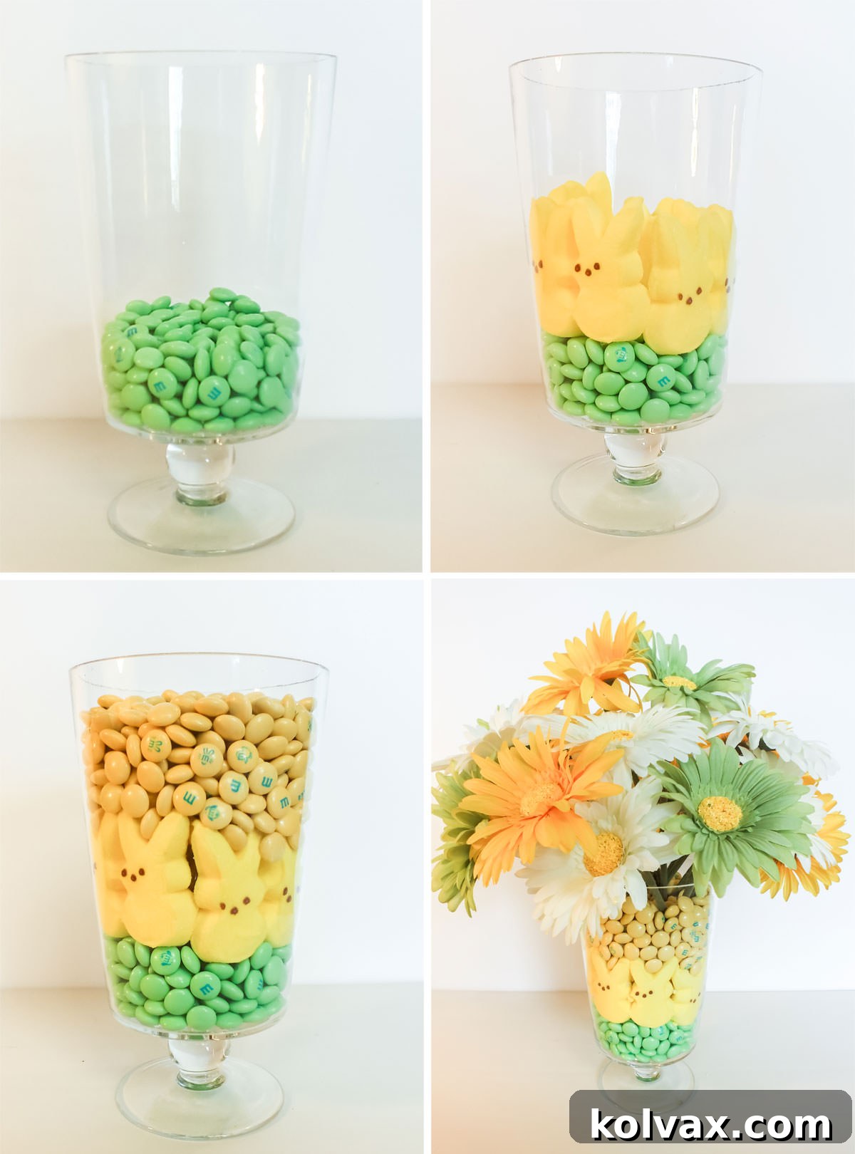 Collage image showing the steps required to make a DIY Easter Peeps Flower Centerpiece, from separating M&M's to arranging flowers and adding Peeps.