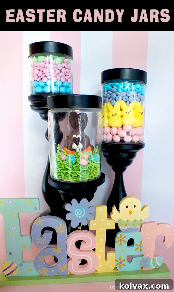 Easter Candy Jars, close-up with Peeps and chocolate bunny