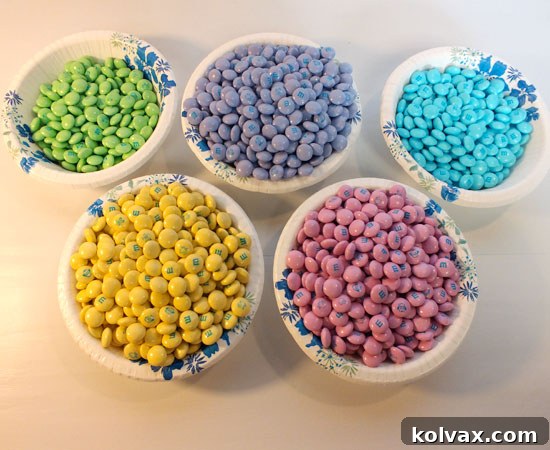 Sorted Easter M&M's in separate bowls