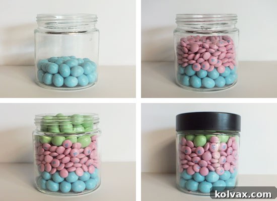 Small candy jar with layered chocolate eggs and M&M's