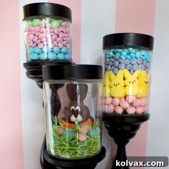 Close-up picture of finished Easter Candy Jar with bow tie bunny