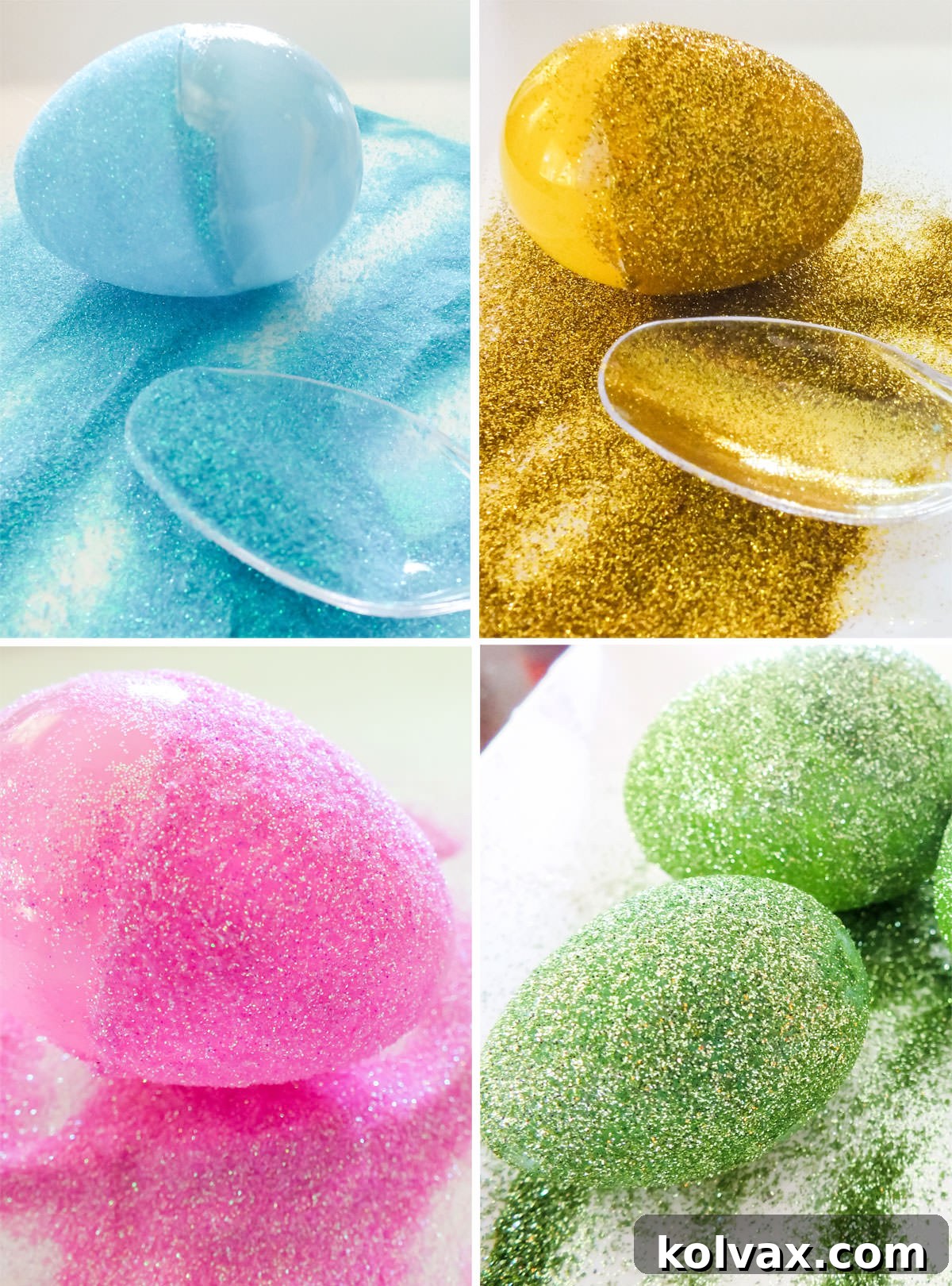 A collage image illustrating the step-by-step process of applying Mod Podge and glitter to plastic Easter eggs.