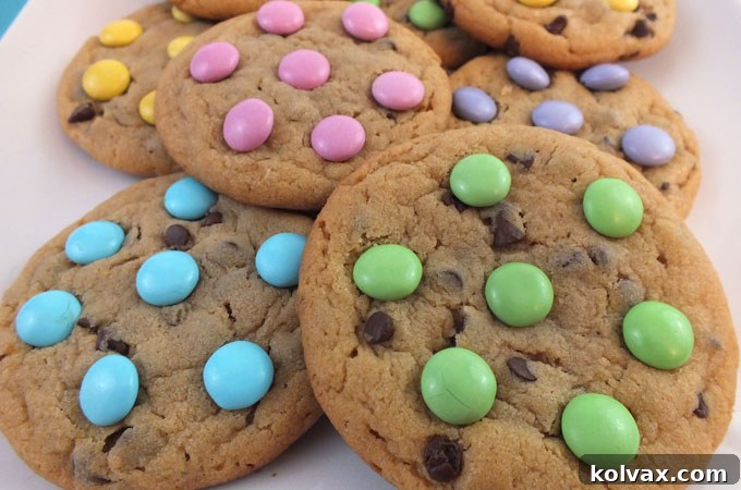 Soft and chewy Spring M&M Cookies with pastel colors