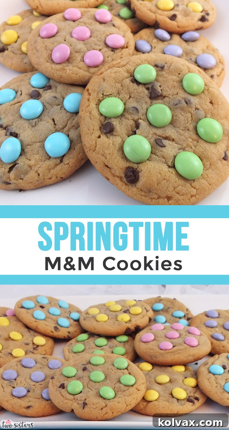 Close-up of a stack of colorful Spring M&M Cookies, perfect for spring