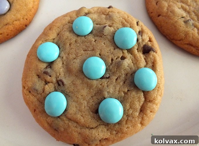 Freshly baked Spring M&M Cookies topped with pastel M&Ms