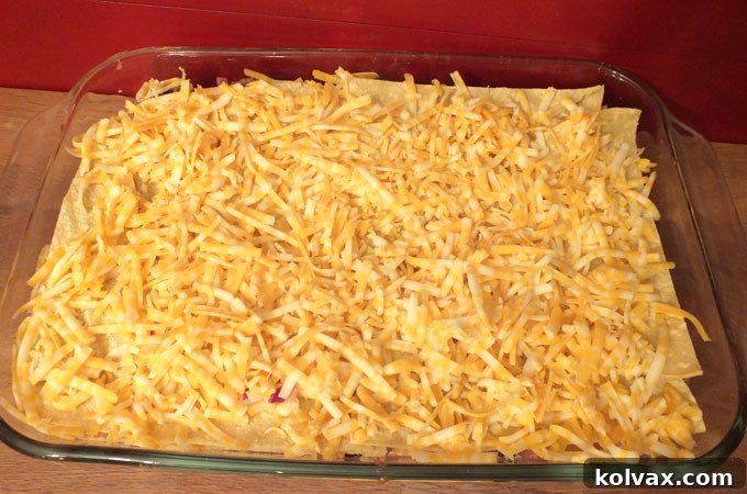 Top cheese layer on Enchilada Casserole before baking