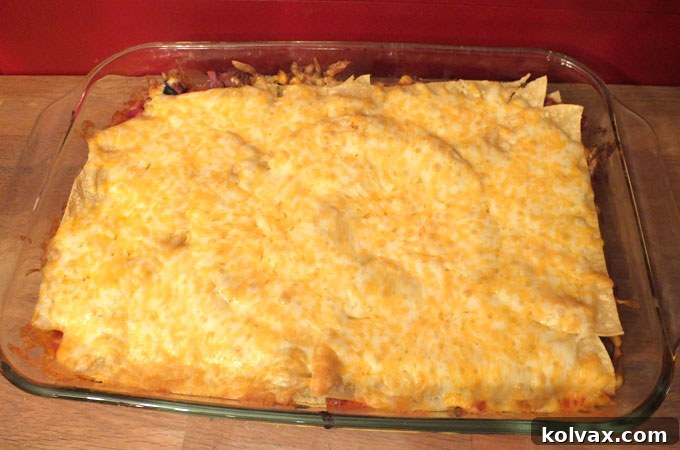 Perfectly baked Enchilada Casserole, bubbly and golden