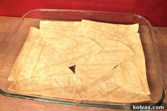 Tortilla layer arranged on casserole
