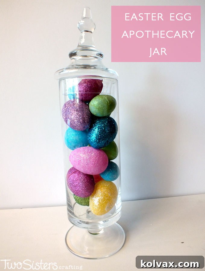 Vibrant Easter Egg Creations 5 Elegant Easter Egg Apothecary Jar filled with glitter eggs, decorating a living room mantel