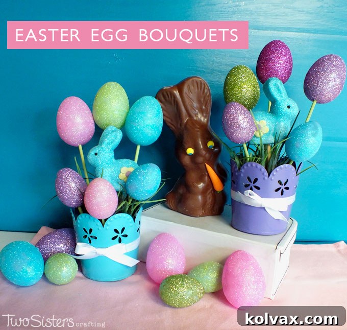 Vibrant Easter Egg Creations 6 Beginning steps for crafting Easter Egg Bouquets, featuring tin pots and plastic grass