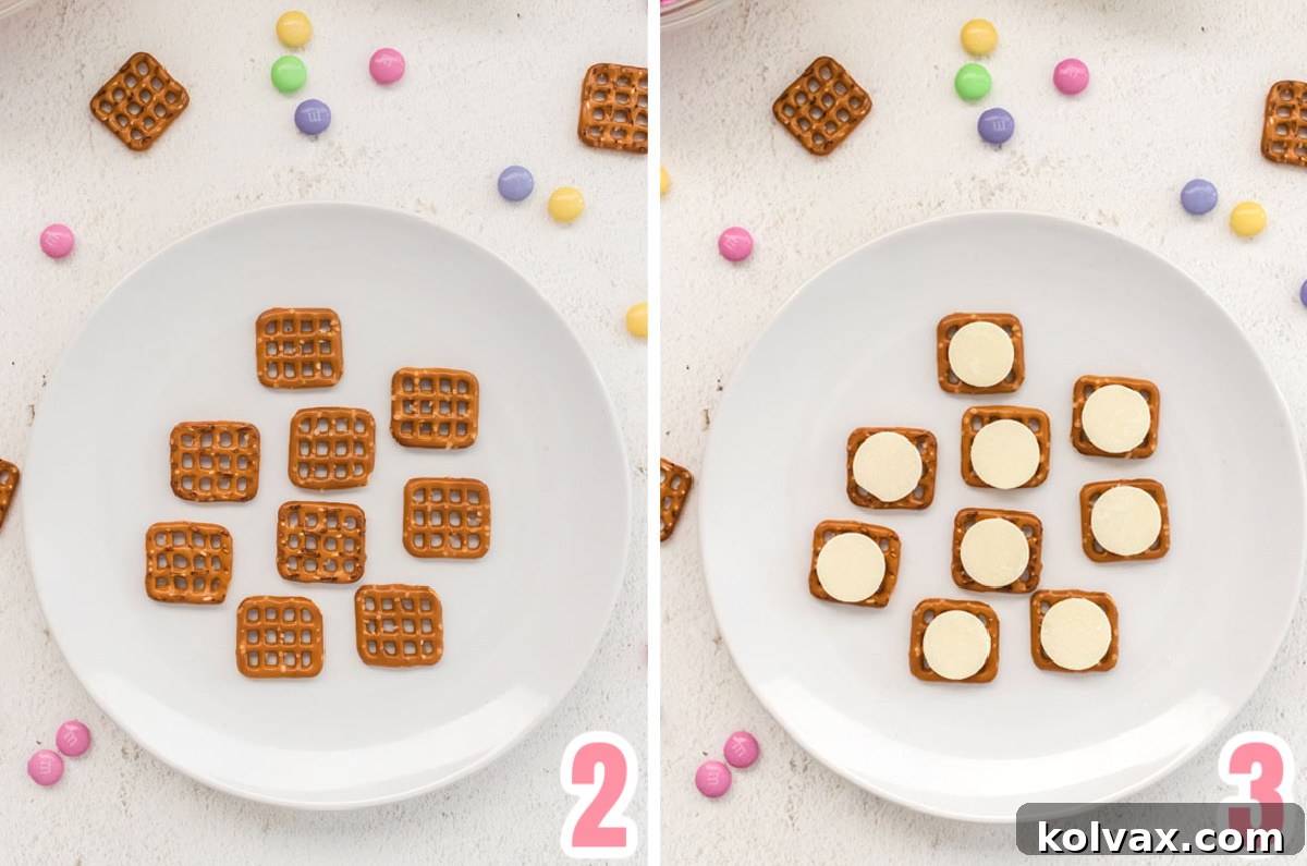 Collage image showing how to melt the white chocolate wafers on the pretzel snaps to make Pretzel Bites, ready for M&M's.