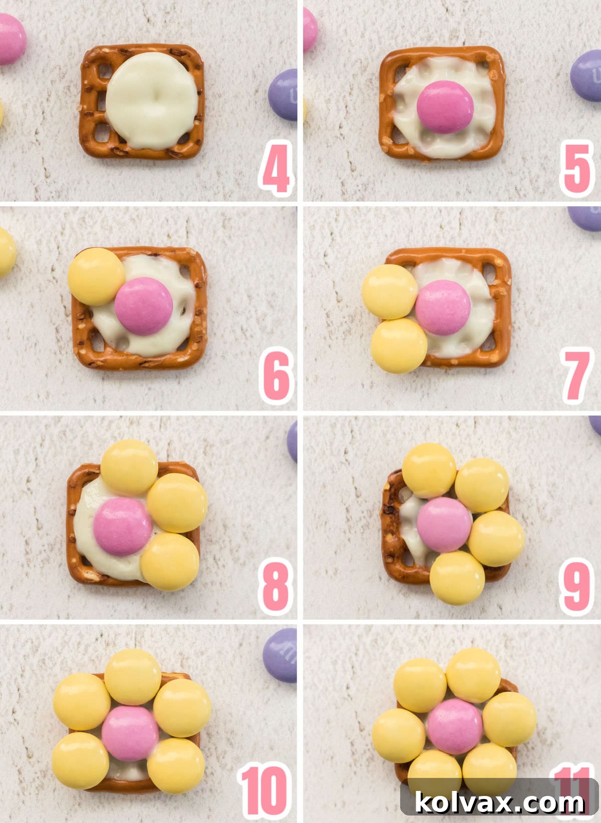 Collage image showing the steps required to press the M&M's onto the pretzels in the shape of a flower, creating colorful Spring Flower Pretzel Bites.