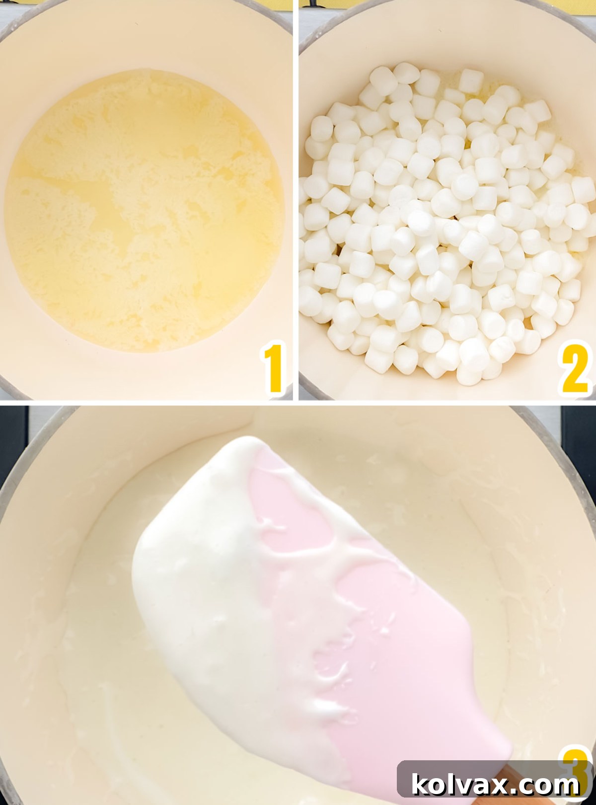 Collage image showing the step-by-step process of melting butter and marshmallows to create the gooey base for Rice Krispie Treats.