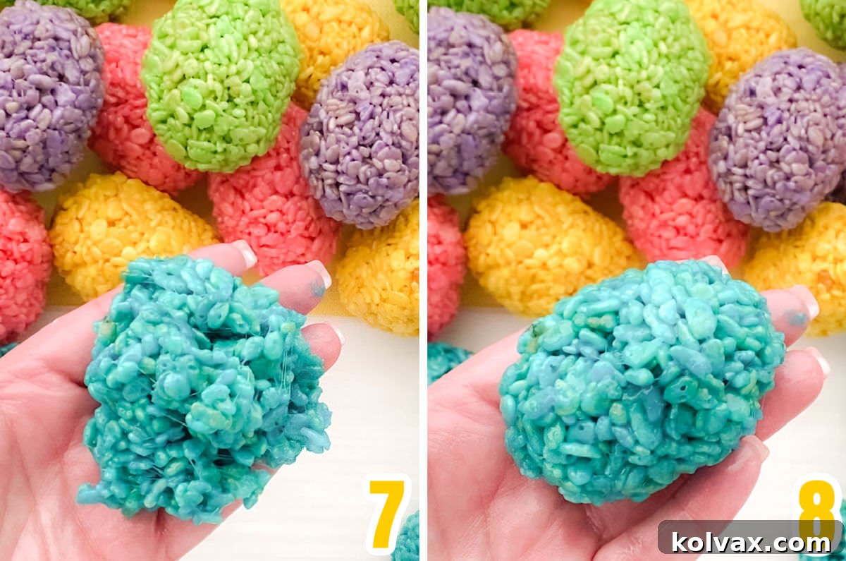 Collage image illustrating the process of using buttered hands to mold a portion of Rice Krispie Treat mixture into a smooth, oval Easter egg shape.