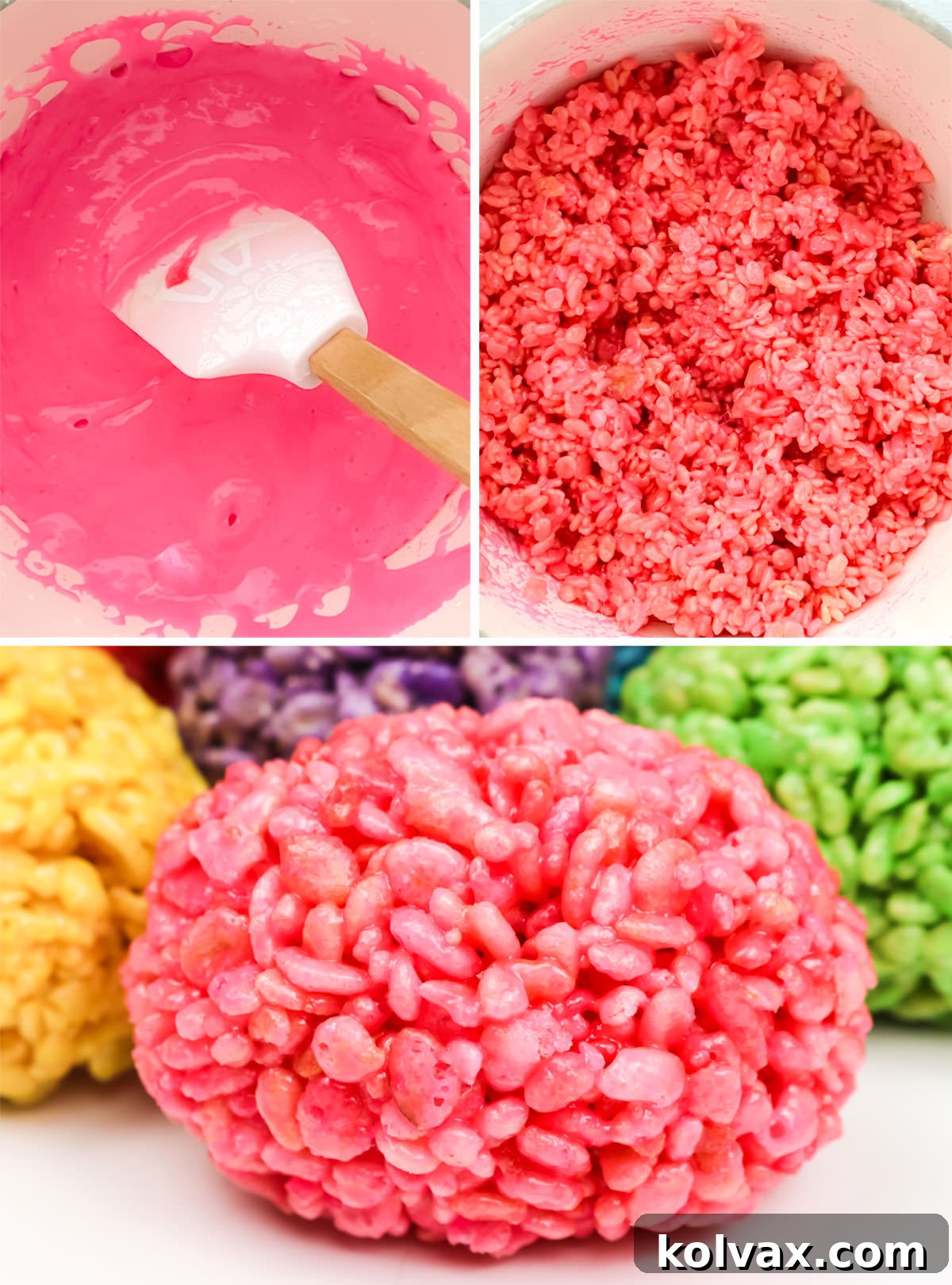 Collage image demonstrating the creation of Pink Rice Krispie Easter Eggs, from coloring the marshmallow mixture to forming the finished eggs.
