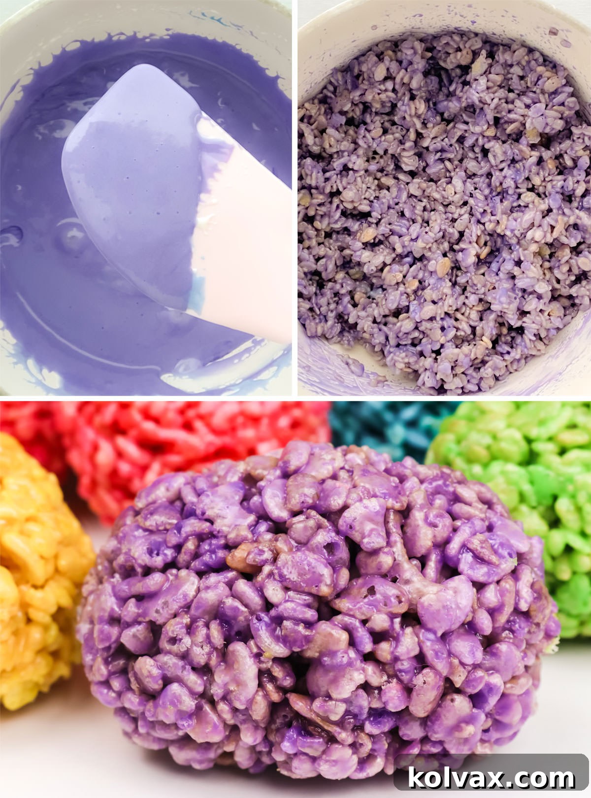 Collage image showing the steps to create Purple Rice Krispie Easter Eggs, including mixing pink and blue food coloring into the marshmallow base.