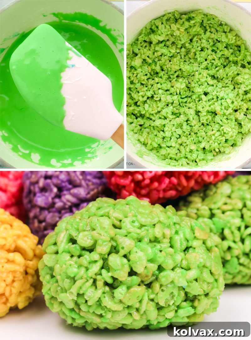 Collage image detailing the process for making bright Green Rice Krispie Easter Eggs, showing the coloring and shaping stages.