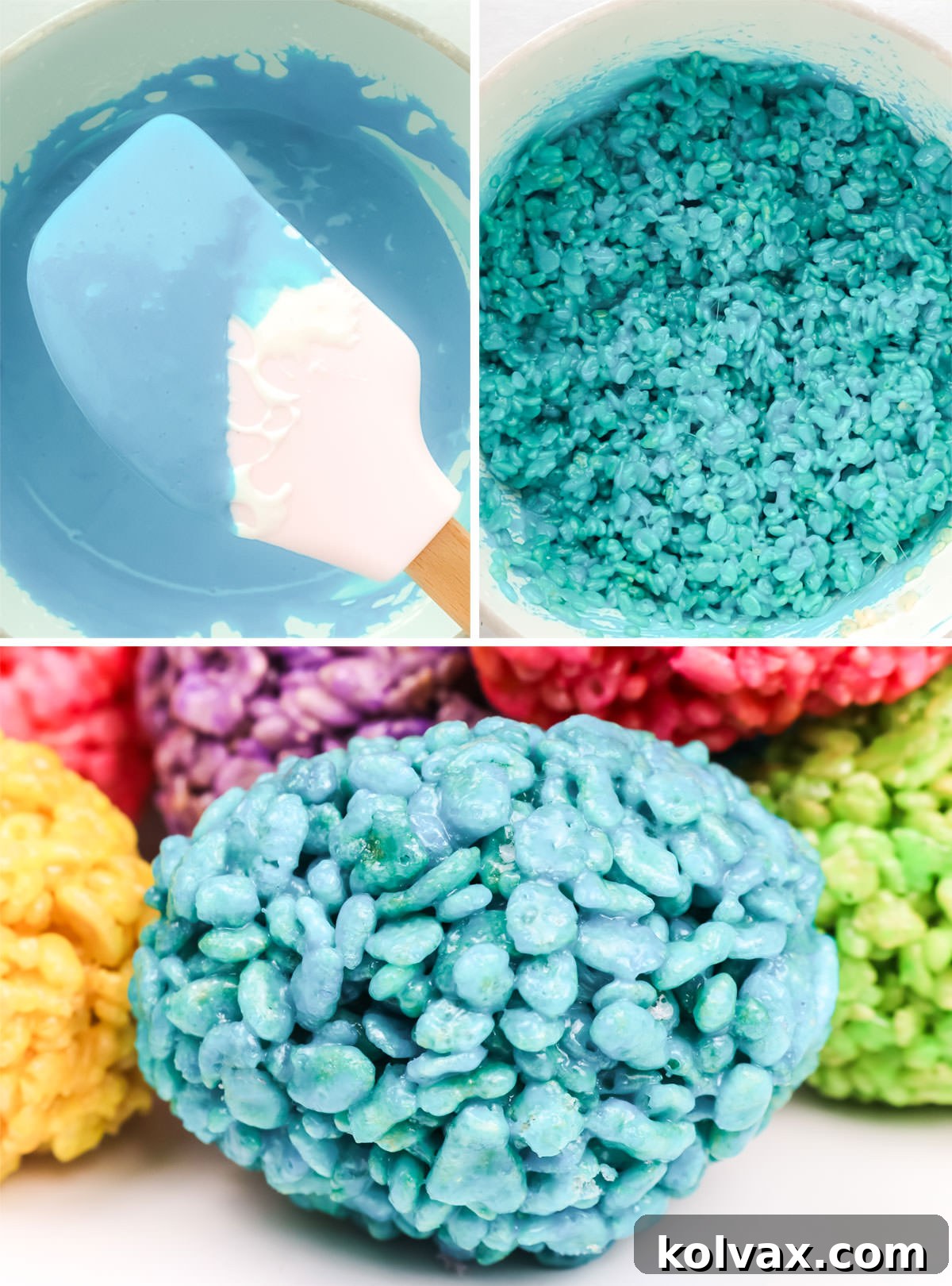 Collage image illustrating the making of Blue Rice Krispie Easter Eggs, noting the color shift after adding cereal to the blue-colored marshmallow mixture.