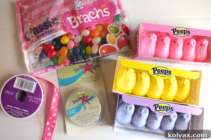 Key Supplies for Crafting Easter Candy Necklaces: Jelly Beans, Peeps, Ribbon, and Jewelry Cord