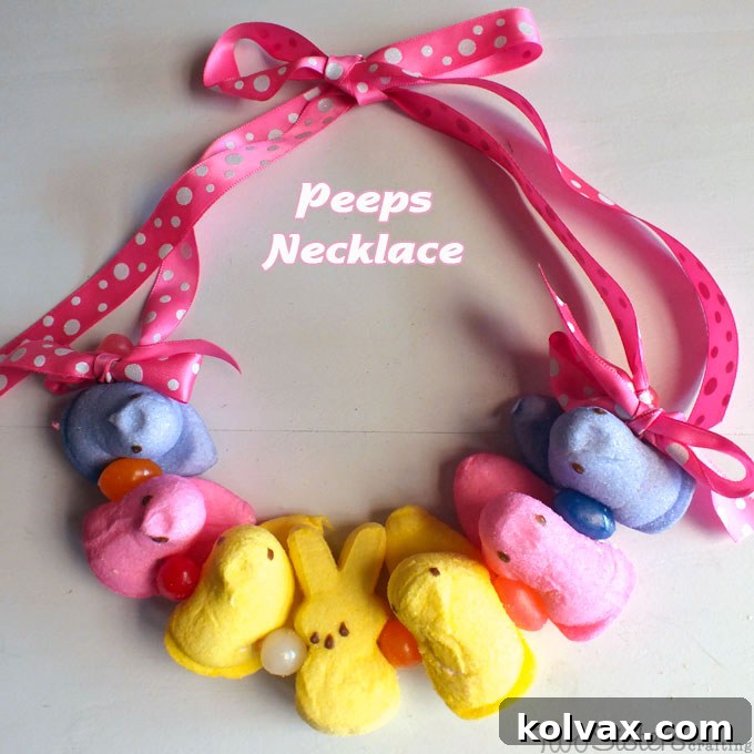 A completed Peeps Necklace, elegantly tied with ribbons and ready for Easter wear