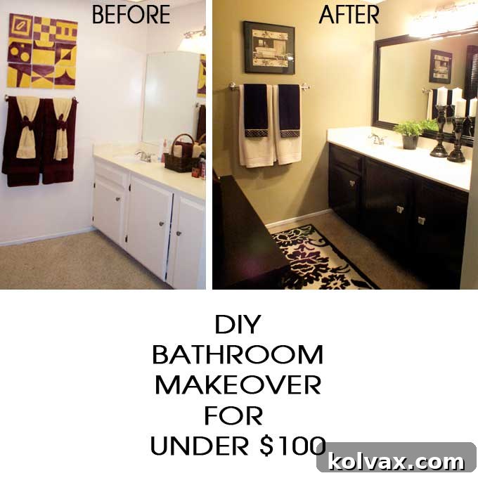 DIY Bathroom Makeover for Under $100 - Learn how I transformed my outdated bathroom for under $100 and in just one weekend. Discover great Home Project Crafts by following us on Pinterest.