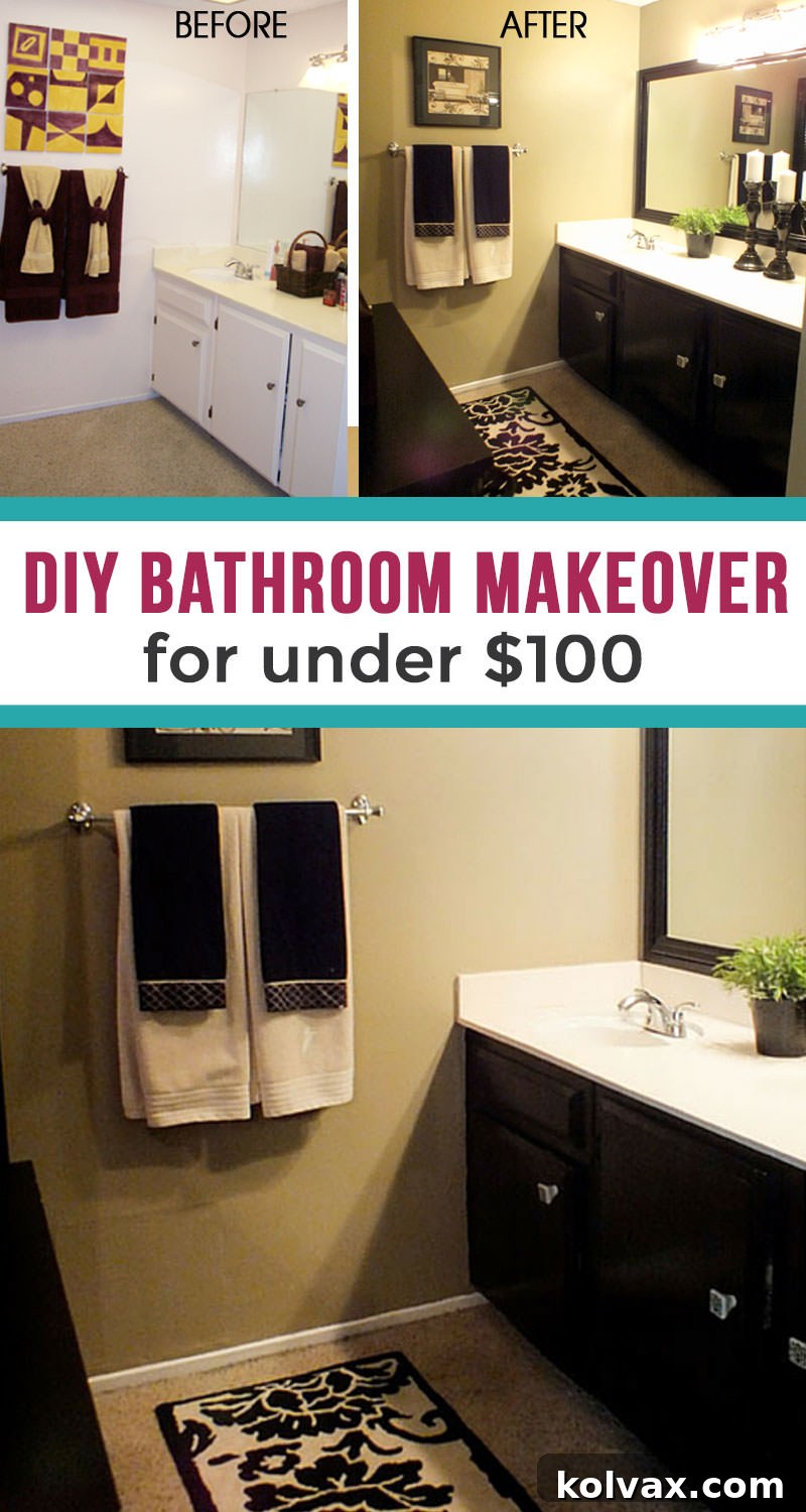 DIY Bathroom Makeover for Under $100 - Find out how I transformed my outdated bathroom for under $100 and in only one weekend. Follow us for more great Home Project Crafts.