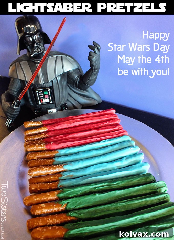 Celebrate Star Wars Day with these adorable and yummy Star Wars Lightsaber Pretzels. They are a great Star Wars Party Dessert or a fun snack for a Star Wars Movie Watching party. Follow us for more fun Star Wars Birthday Party ideas and May the 4th be with you!